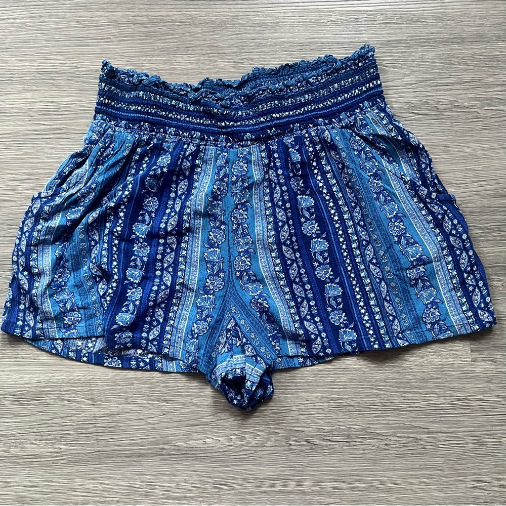 Blue Boho Striped Ruched Waist Mini Shorts